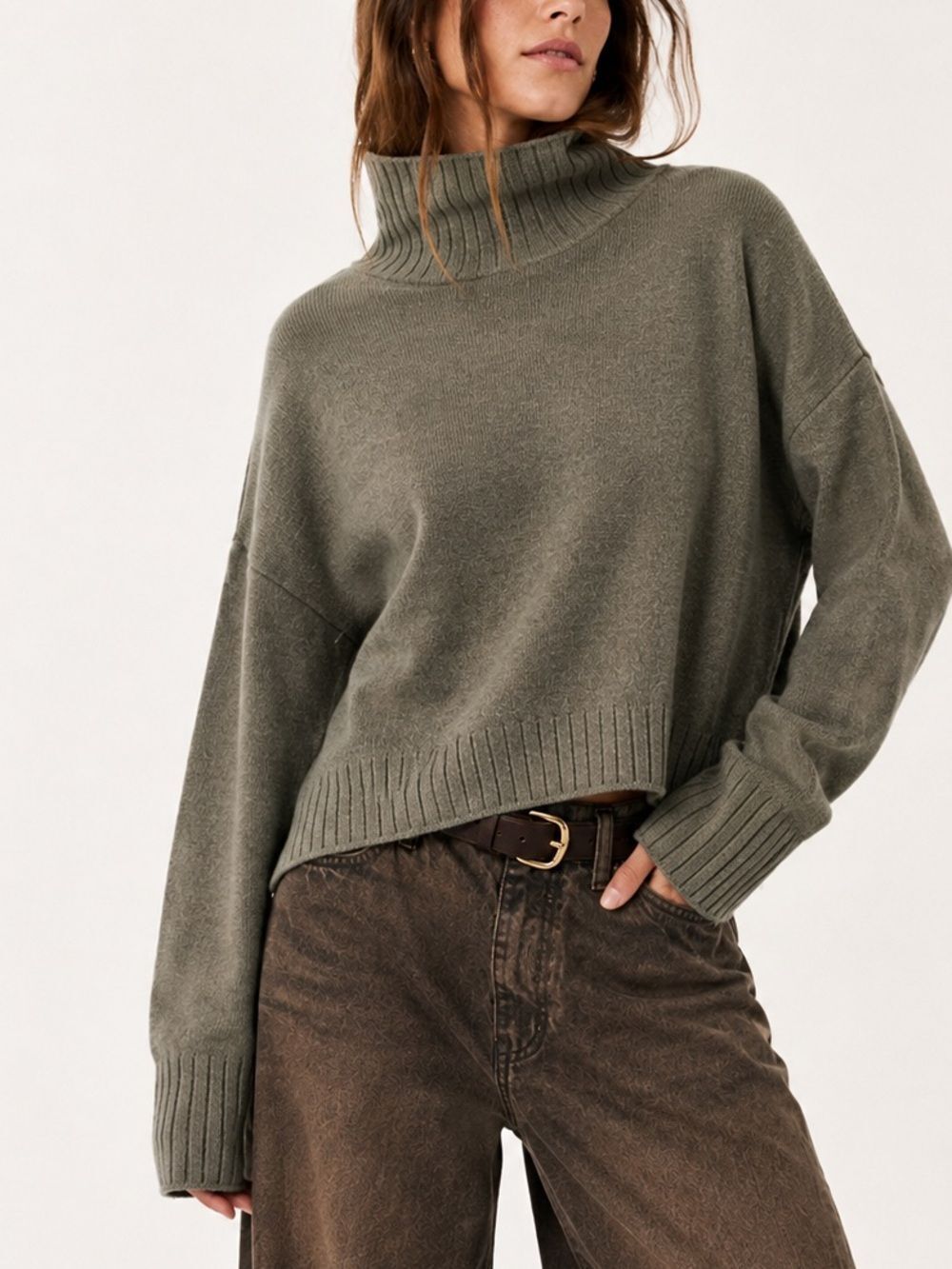 Rachel Zoe Muted Olive Green 100% Extrafine Merino Wool Turtleneck Sweater M